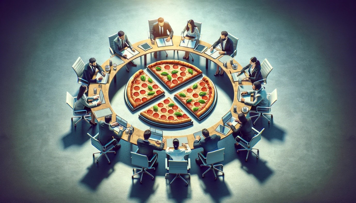 A Round Conference Room With a Pizza in the Center