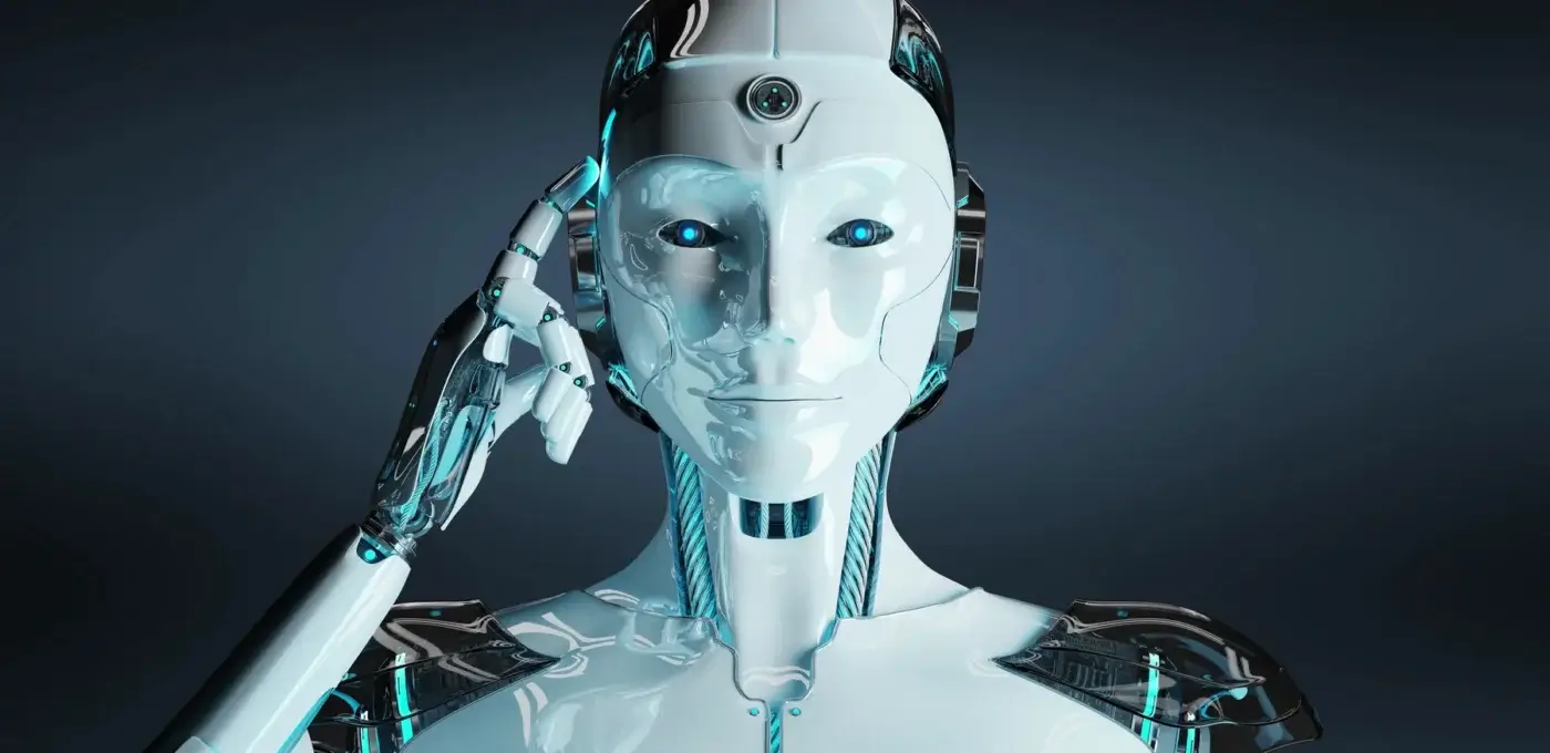 A humanoid robot with a shiny white and metallic body touches its temple with one finger, appearing to think, against a dark background with blue highlights and glowing accents.