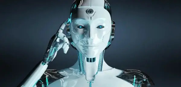 A humanoid robot with a shiny white and metallic body touches its temple with one finger, appearing to think, against a dark background with blue highlights and glowing accents.