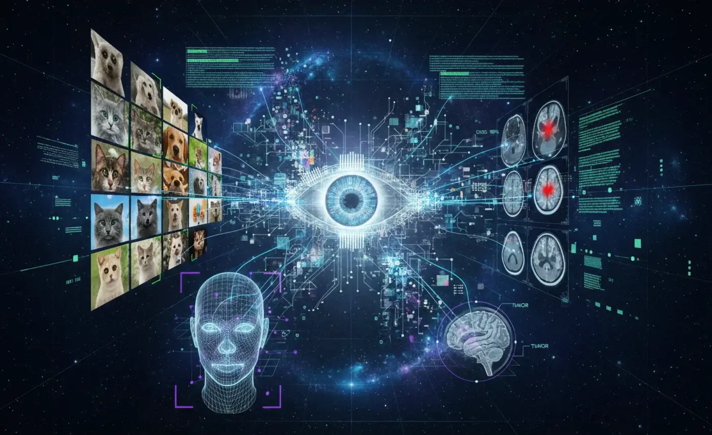 A digital illustration showing a central human eye surrounded by data streams, animal images, facial recognition outlines, and brain scans, representing AI project types and data analysis through advanced technological graphics.
