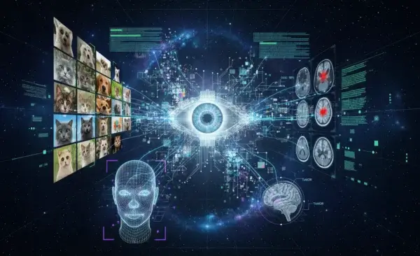 A digital illustration showing a central human eye surrounded by data streams, animal images, facial recognition outlines, and brain scans, representing AI project types and data analysis through advanced technological graphics.