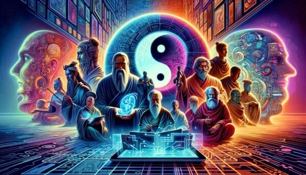 A group of ancient philosophers and monks interact with futuristic technology, circuit patterns, artificial intelligence, and a large yin-yang symbol in a vibrant, digital setting.