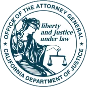 Seal of the California Department of Justice, Office of the Attorney General, featuring Lady Justice holding scales and a sword, with the words "liberty and justice under law" to her right.