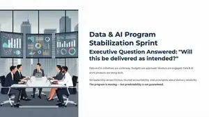 A business meeting with six people in suits sits around a conference table, with digital charts and graphs displayed on screens in the background. Text beside them discusses data and AI program stabilization and delivery predictability.