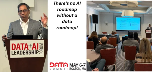 A speaker presents at the DATA+AI Leadership Forum, with a sign reading "There's no AI roadmap without a data roadmap!" and an audience listening to a presentation in a conference room. Event details: DATA Summit, May 6-7, Boston, MA.