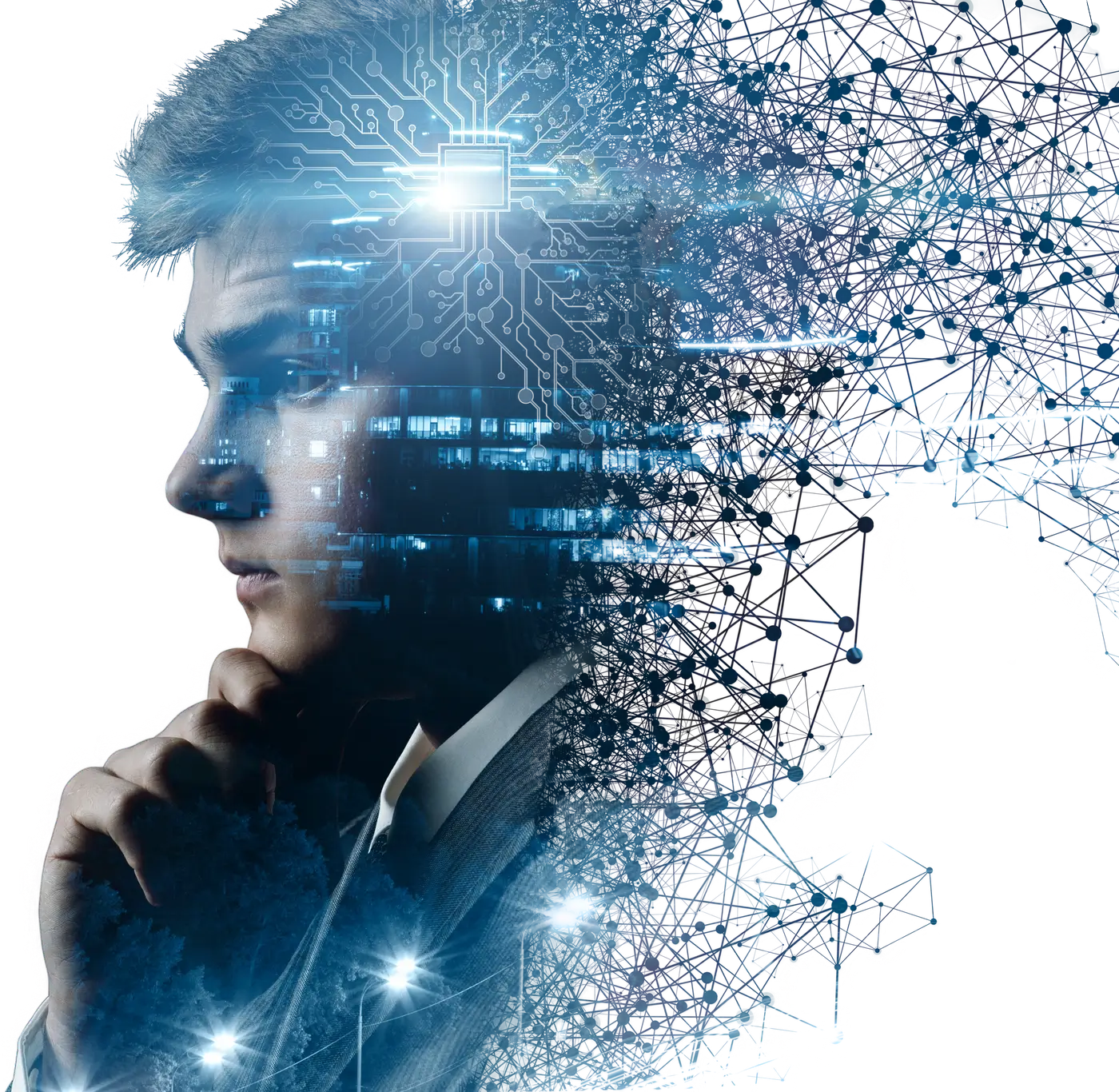 Profile of a person thinking, with digital circuits and glowing elements superimposed over their head, symbolizing artificial intelligence, technology, and the power of AI and data strategy.
