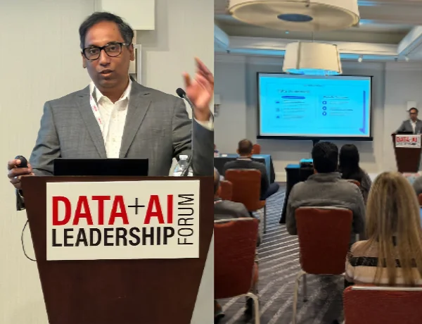 A man in a suit speaks at a podium labeled "DATA+AI LEADERSHIP FORUM"; on the right, attendees sit facing a screen as he presents slides in a conference room.